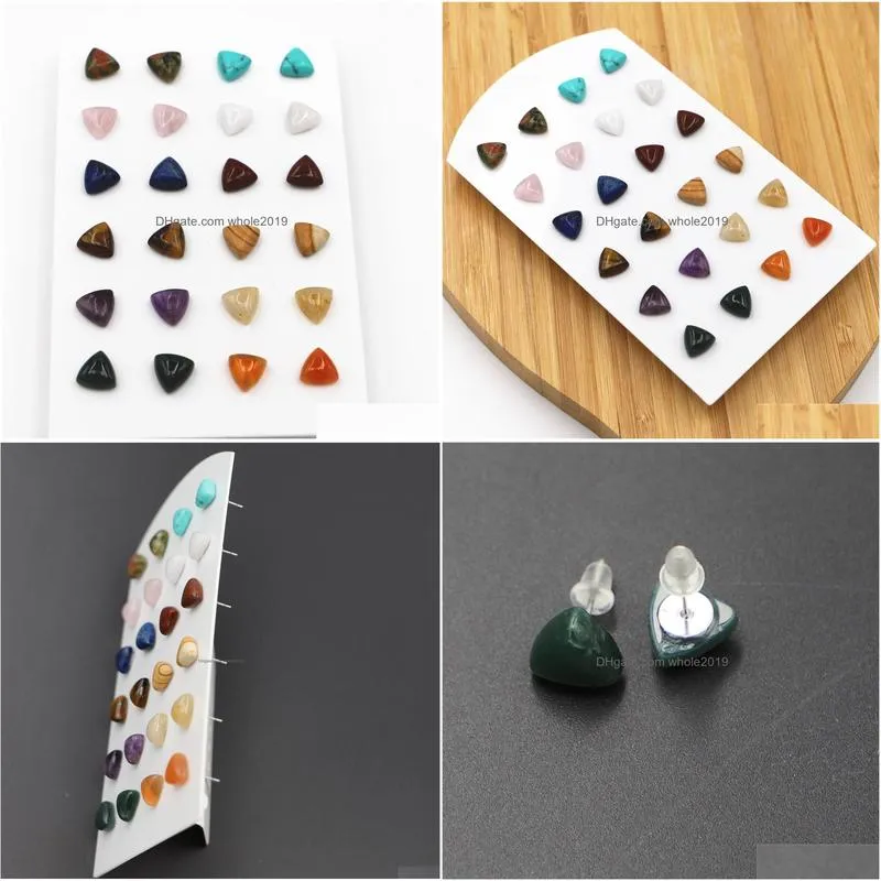 new simple trendy geometric 10x10mm natural stone rose quartz stud earrings triangle mix color for women fashion cute small wholesale