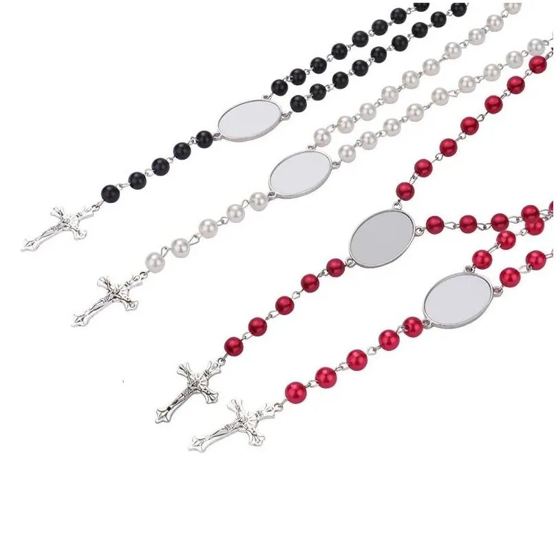 4 colors sublimation necklace heat transfer pendant rosary bead necklace cross jesus metal pendants