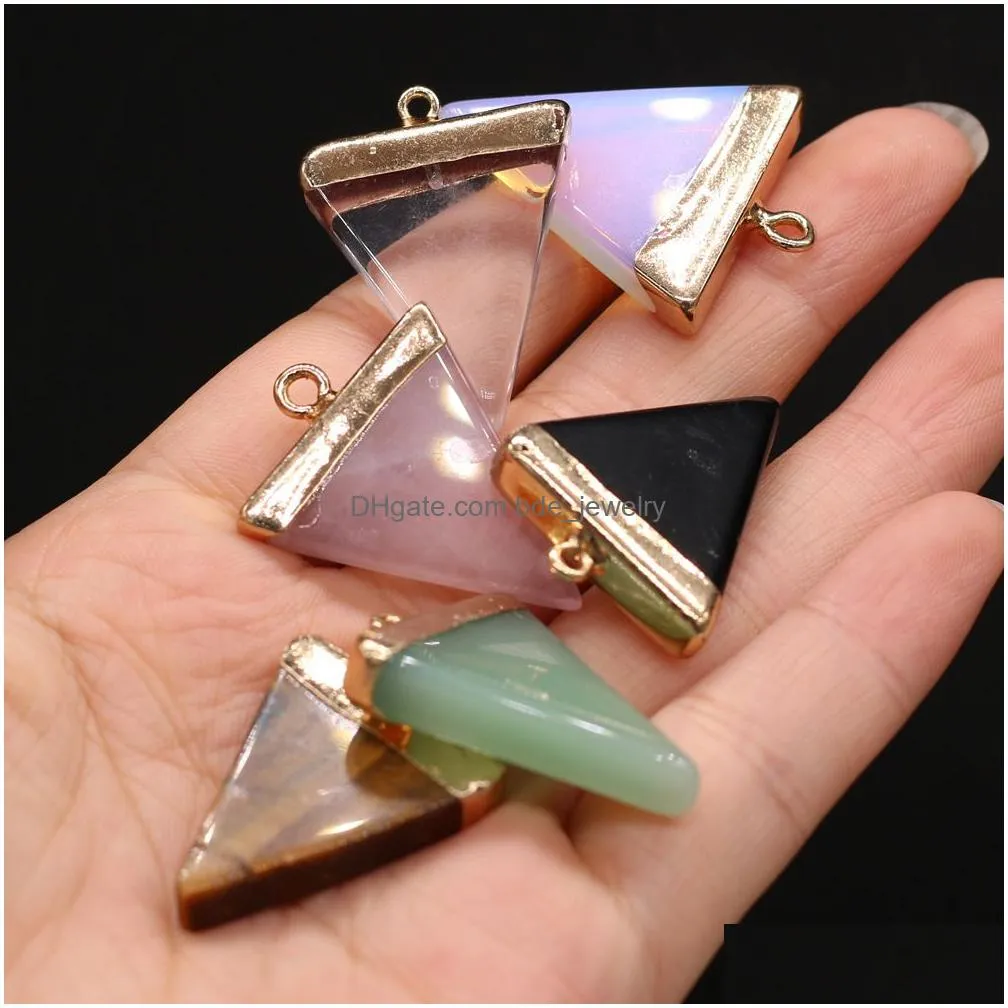 25x32mm natural stone rose quartz tigers eye opal triangle pendant charms diy earrings necklace jewelry making