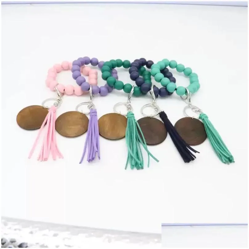 new cross-border beaded wooden bead keychain fashion personality disc tassel bracelet key ring female wholesale