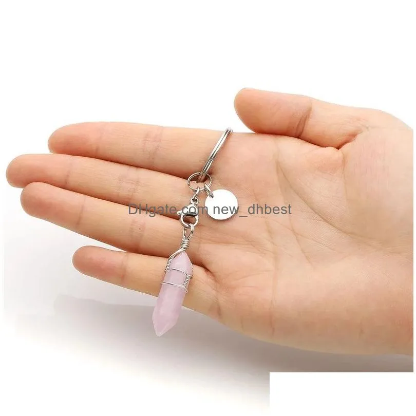 natural stone healing hexagonal pointed reiki chakra gem stone pendant keychain key ring for women girls