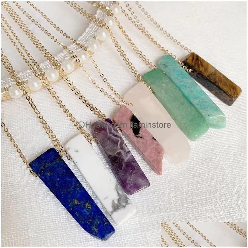 natural stone pendant necklace irregular rectangle quartz pendulum healing point amethysts lapis pink crystal necklace for women