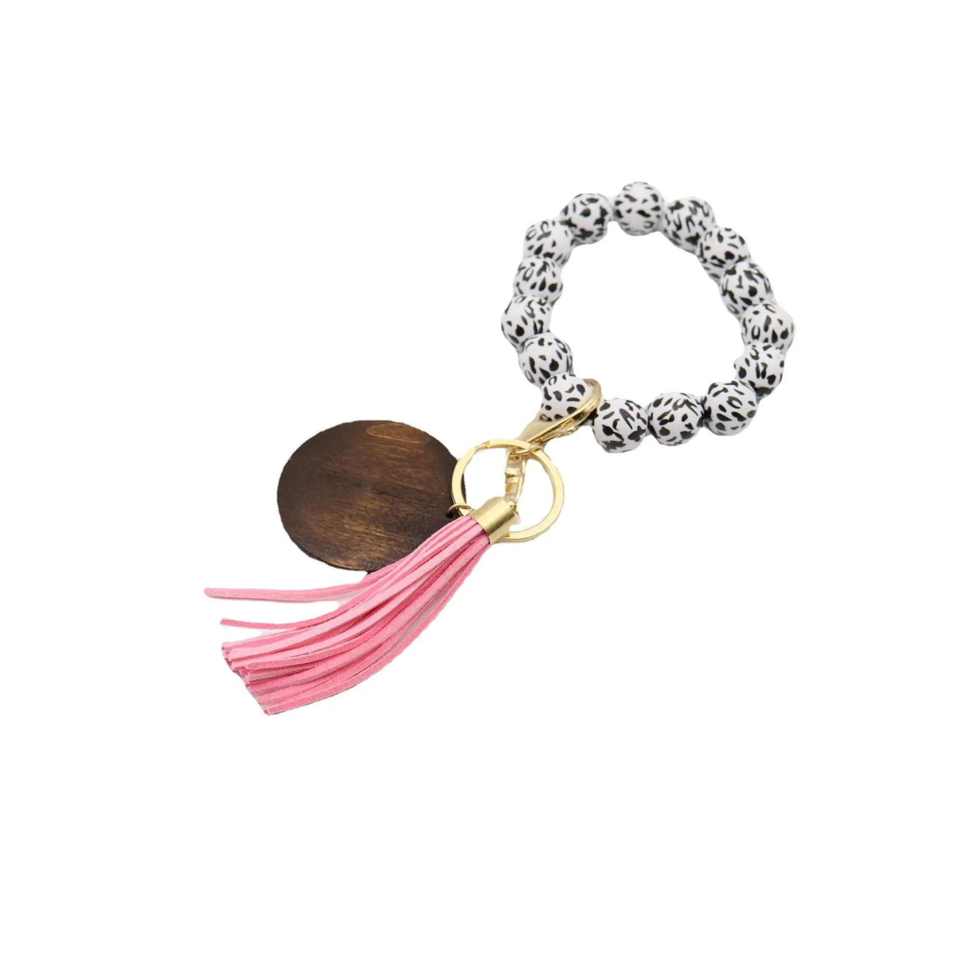 5 styles leopard wooden bracelet keychain with tassels diy woodwooden fiber pandent wood bead bangle key decorate fashion
