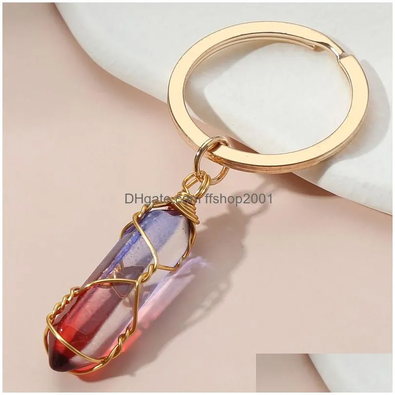 natural stone gold wire wrap hexagonal prism key rings keychains healing pink white crystal car decor keyholder for women men