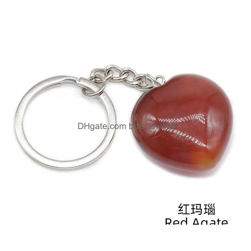 natural stone 30mm heart key rings keychains healing crystal rose quartz obsidian red agatecar decor key chain keyholder