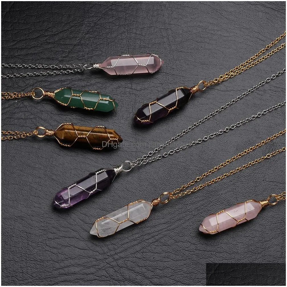 hexagonal cylindrical crystal necklace natural stone pendant wire wrap stone necklace for women men jewelry