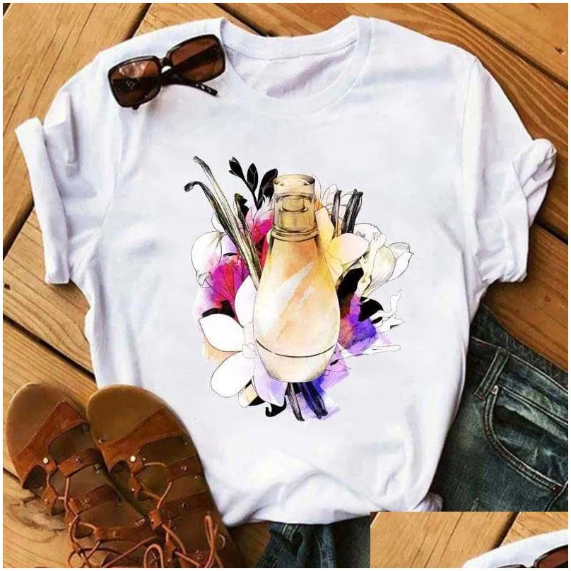 women clothes print flower perfume bottle sweet short sleeve tshirt printed women shirt t female t-shirt top casual woman tee x0527