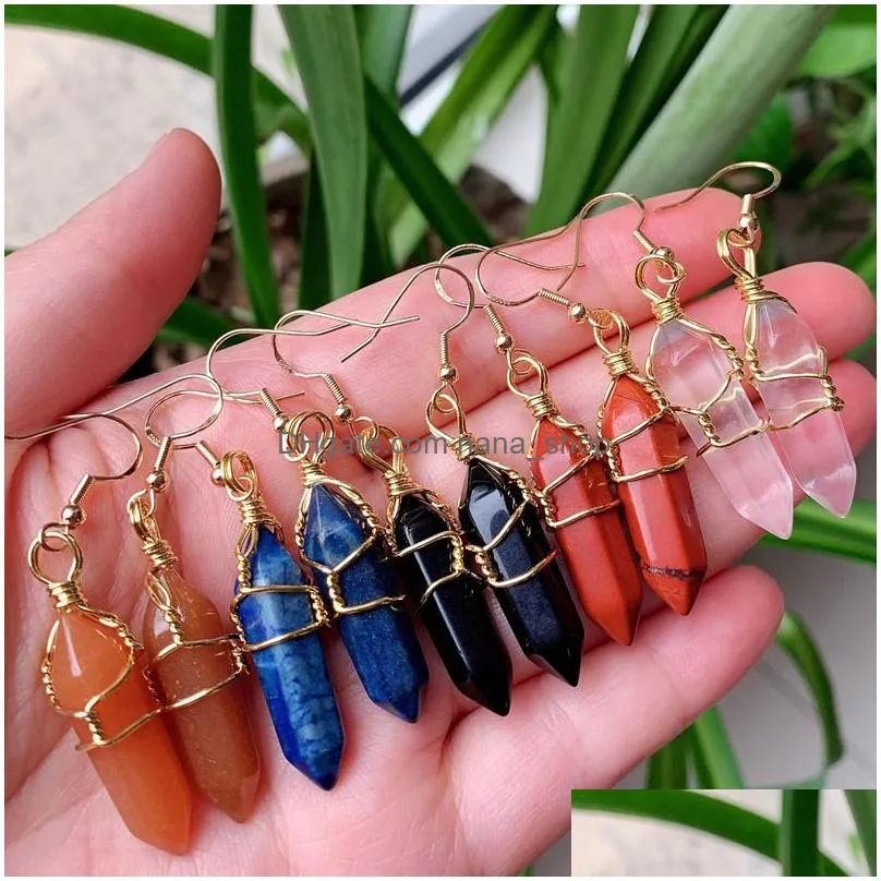 natural stone dangles earrings wire wrap hexagonal point bullet drop pendulum amethysts quartz purple healing crystal earring