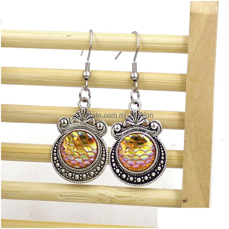 12colors metal 12mm fish scale earrings bright druzy mermaid scale cabochon hook earrings for women jewelry