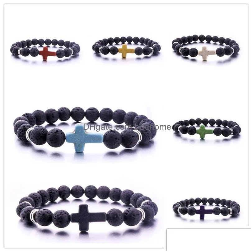 natural black lava stone turquoise cross charm bracelet vaolcano stone aromatherapy essential oil diffuser bracelet for women yoga