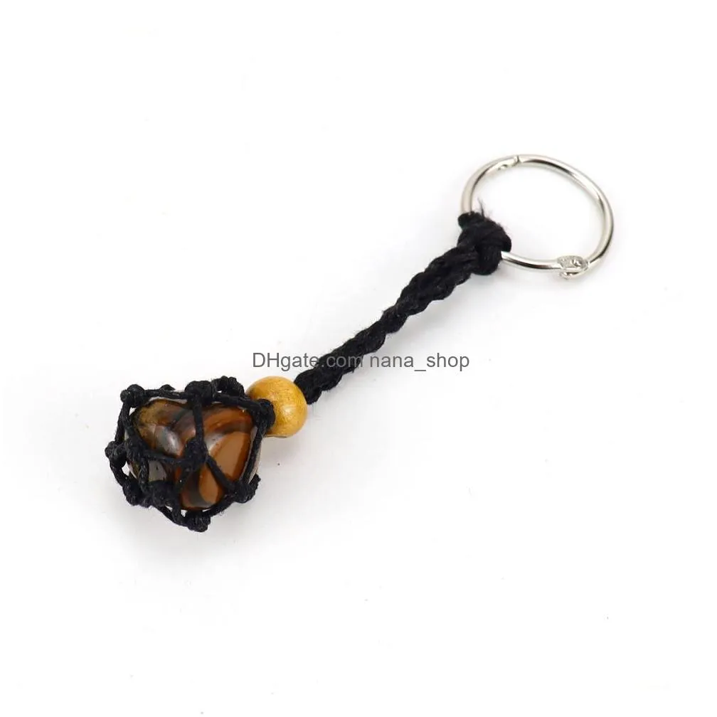 adjustable cord empty stone holder black wax rope keychain keyring natural quartz crystal healing stone net bag key ring