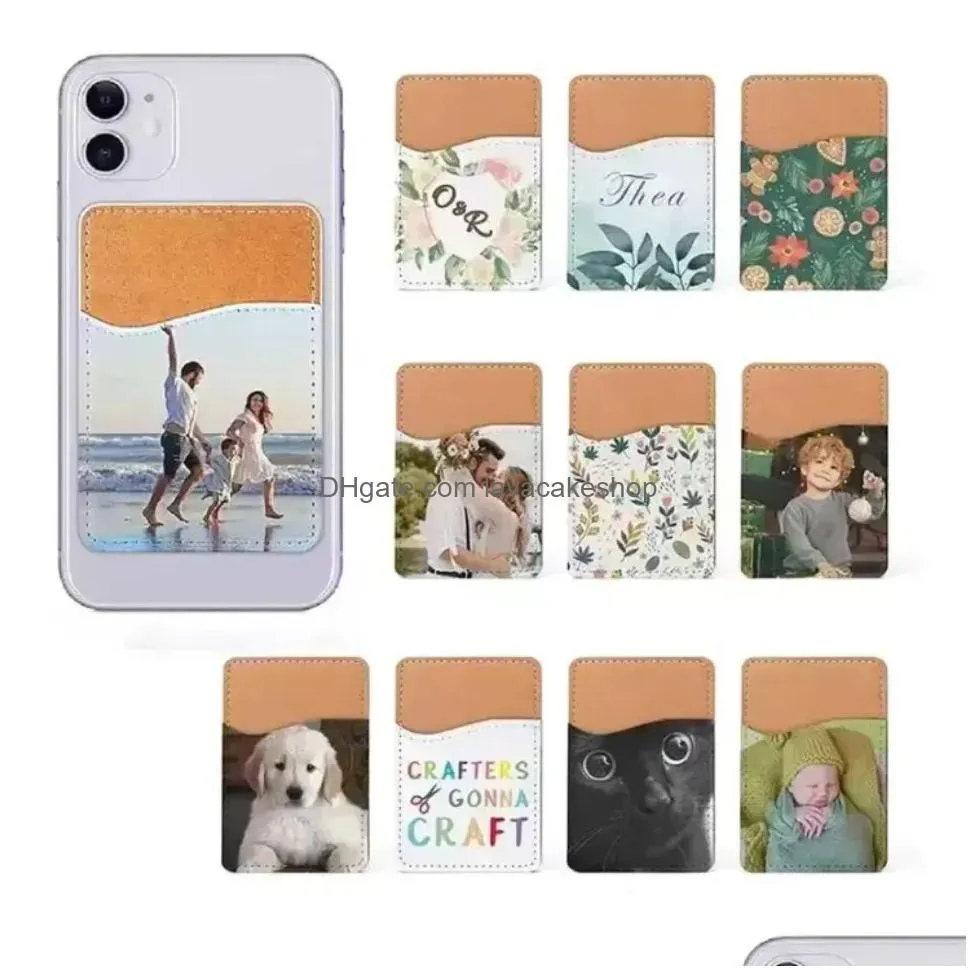 sublimation card holder pu leather mobile phone back sticker with adhesive white blank money pocket credit cards covers christmas gifts fy5494