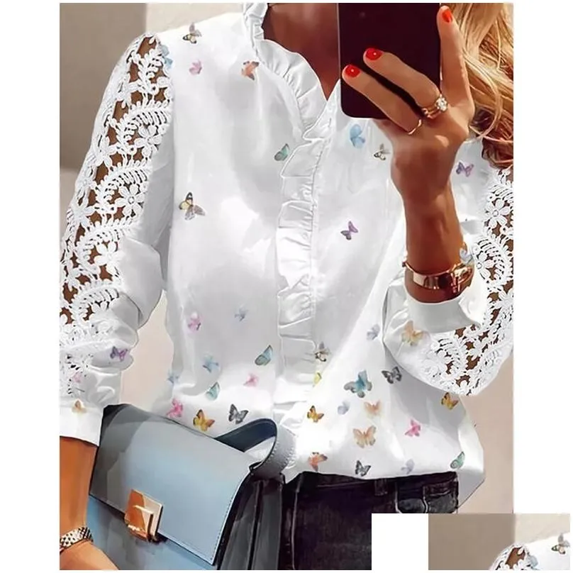 womens blouses shirts women elegant fashion butterfly print top ruffled trim casual long lace sleeve blouse