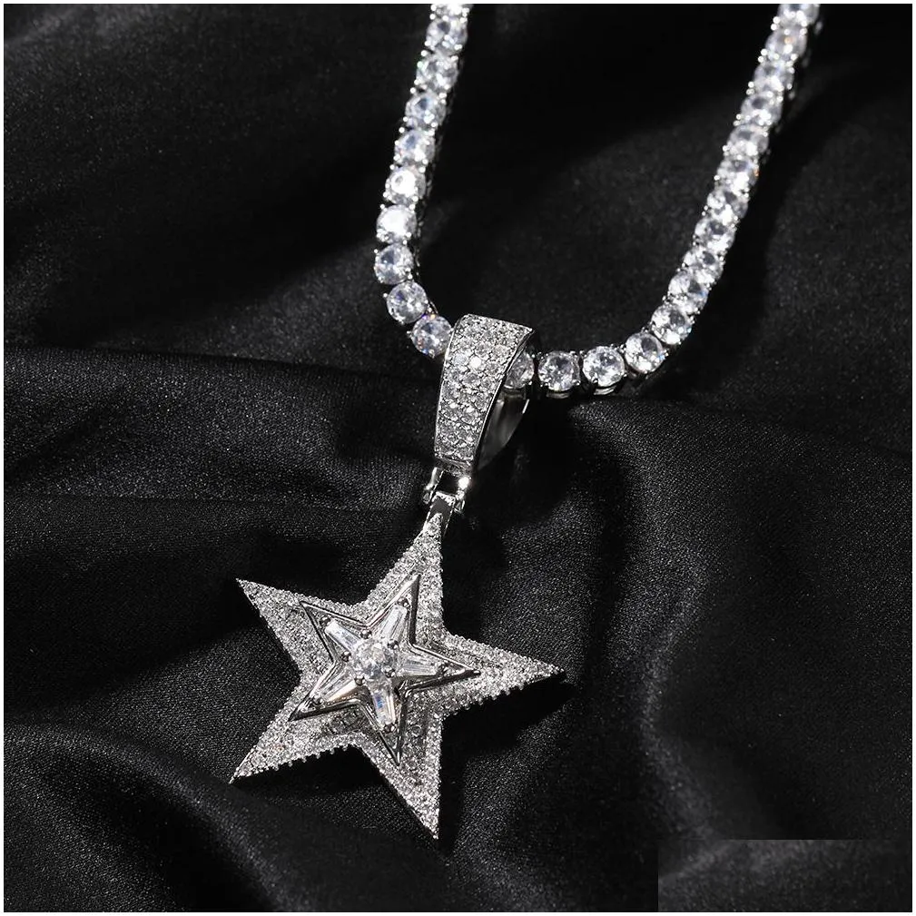 zircon star pendant necklace hip hop bling for men - 5 pointed star rotating design gold plated