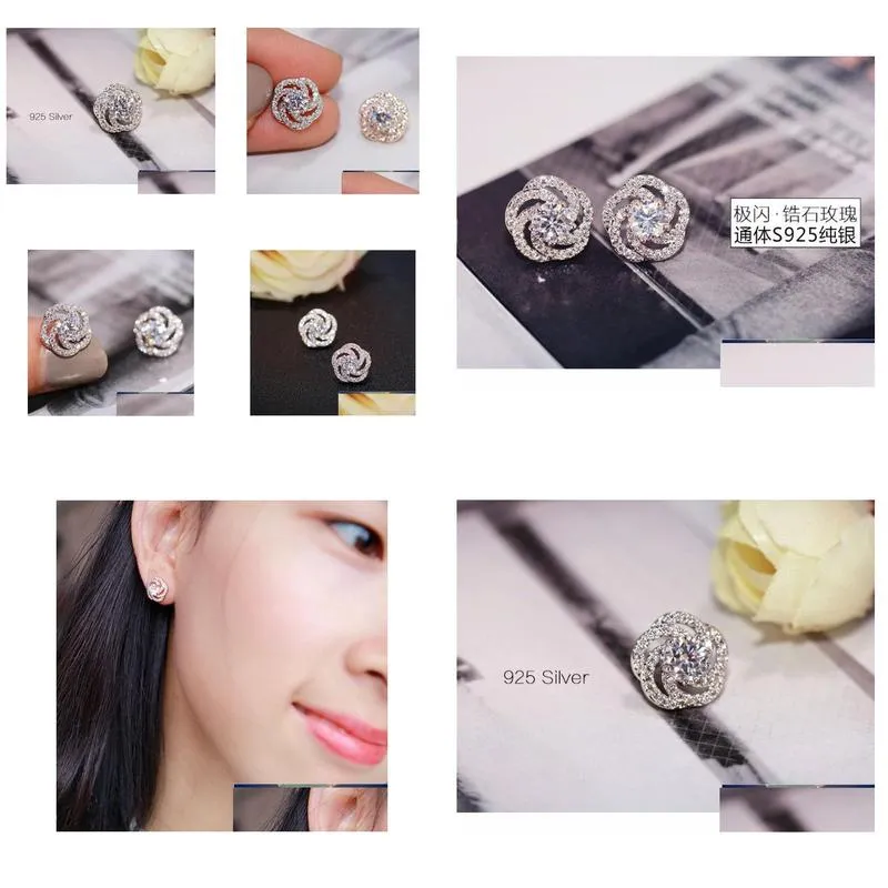 twist stackable arrival jewelry 925 sterling silver rose flower zircon crystal stud earrings for women girl pendientes