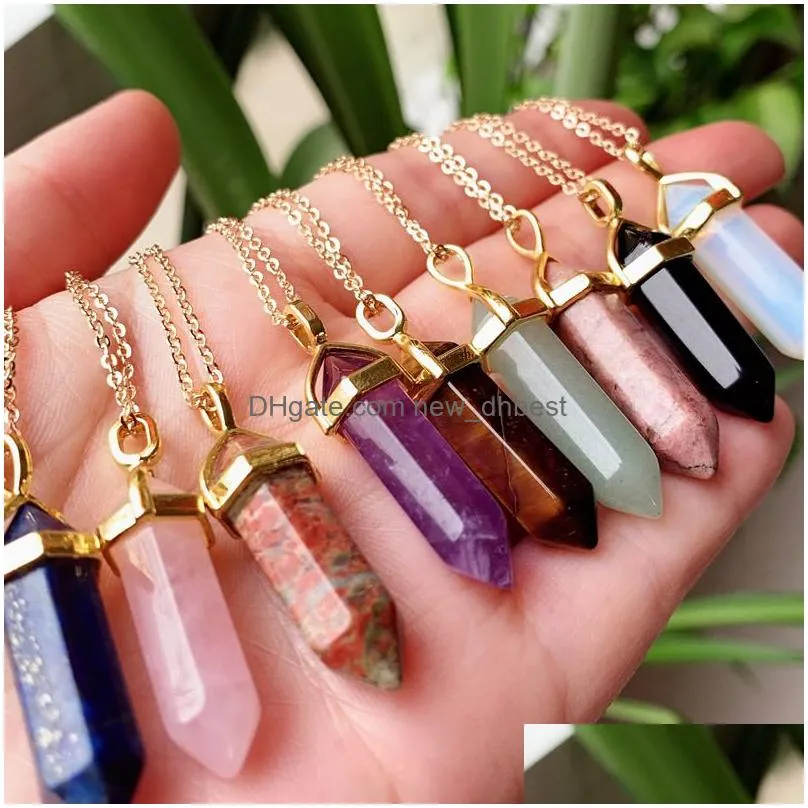 reiki real natural stone necklace chakra pendant hexagonal bullet amethysts pink purple crystal necklace women jewelry