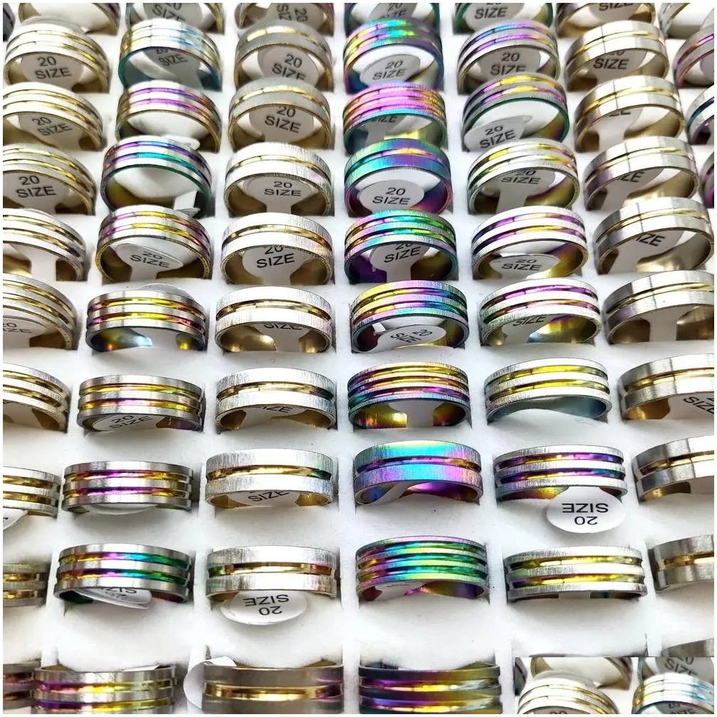 bulk lots 100pcs stripe line mix stainless steel men women wedding band rings male female party jewelry wholesale mix lot