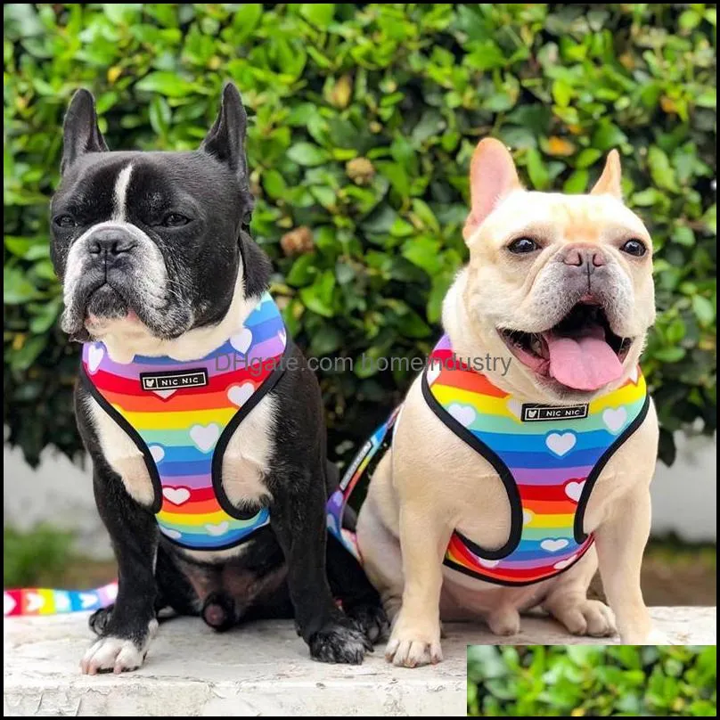 dog vest harness no pull rainbow printed dog harnesses and leashes set breathable mesh padded puppy collars for small medium dogs outdoor walking training