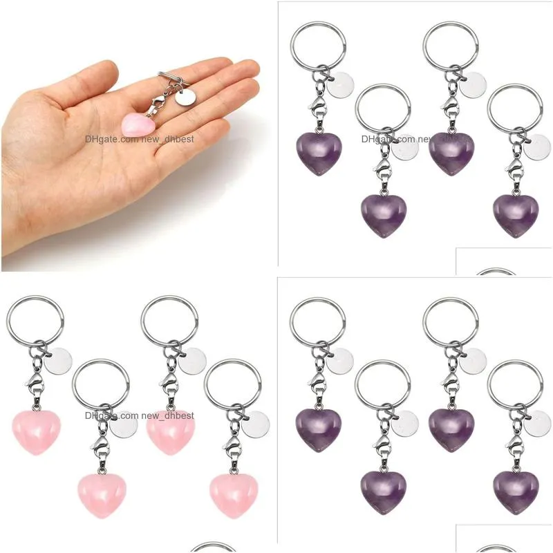 natural stone rose quartz amethyst keychain keyring personalized gem key chain healing crystals heart pendant keychain for women girls