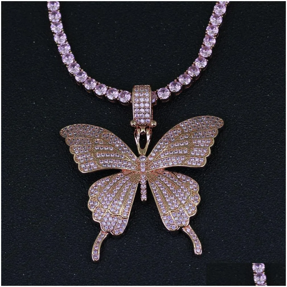 pink zircon butterfly necklace hip hop bling for men women real gold/platinum plated lovers gift