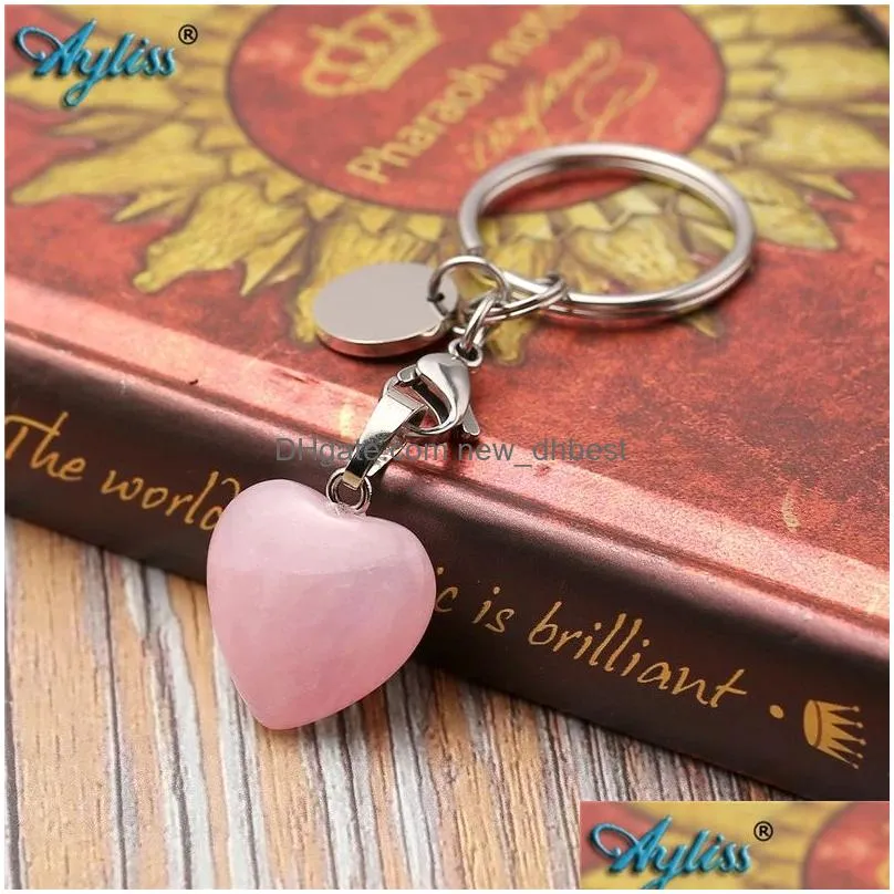 natural stone rose quartz amethyst keychain keyring personalized gem key chain healing crystals heart pendant keychain for women girls