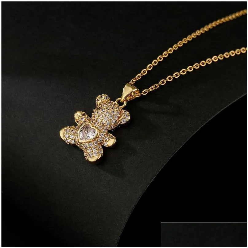 colorful zircon pave setting love bears pendant gold chain necklace cute woman gift jewelry
