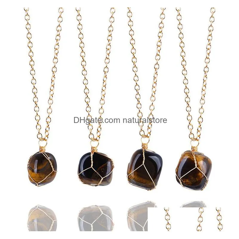 natural raw stone pendant necklace irregular amethyst tiger eye hand wound wire necklaces