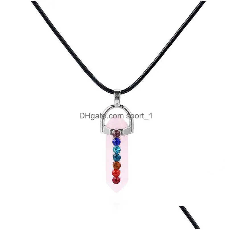 hexagonal prism crystal pink quartz natural stone pendant 7 chakra necklace with 50cm stainless steel chain