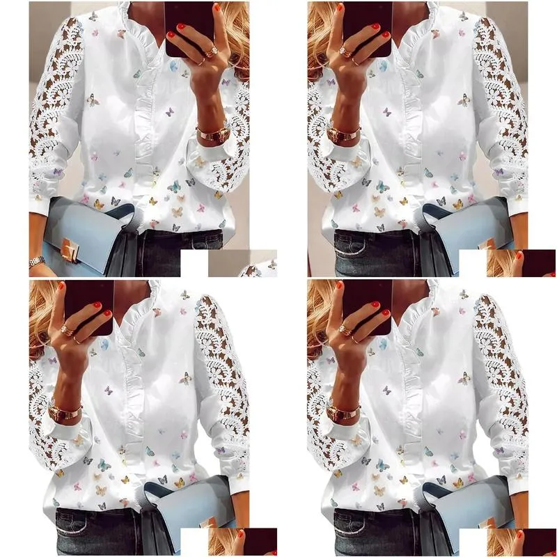 womens blouses shirts women elegant fashion butterfly print top ruffled trim casual long lace sleeve blouse