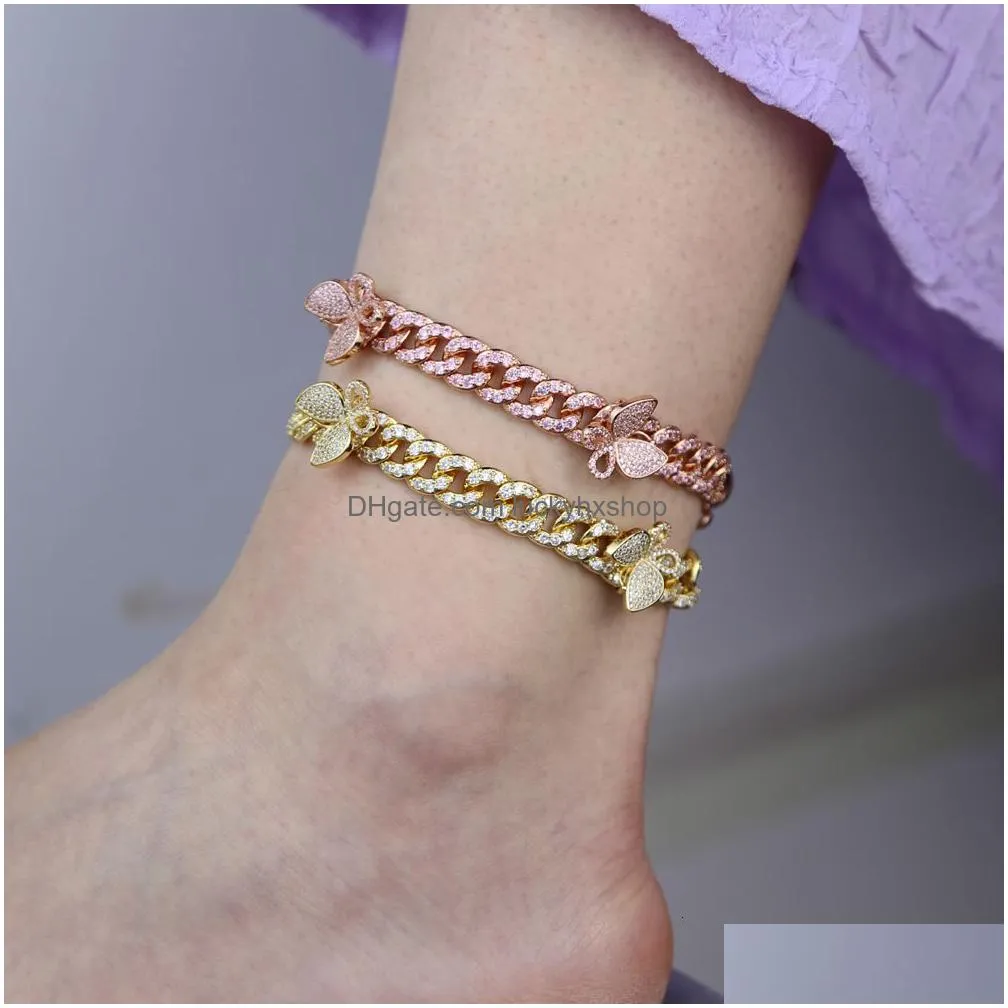 anklets parking lot cz rectangular butterfly ankle 10mm ice sparkling  cuban link gold silver ankle womens hip hop jewelry