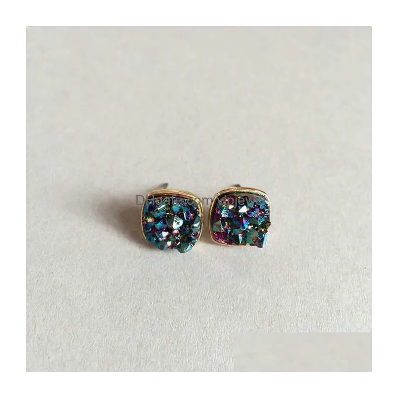 fashion drusy druzy stud earrings silver gold plated round drop square 5 colors rock crystal stone earrings for women jewelry