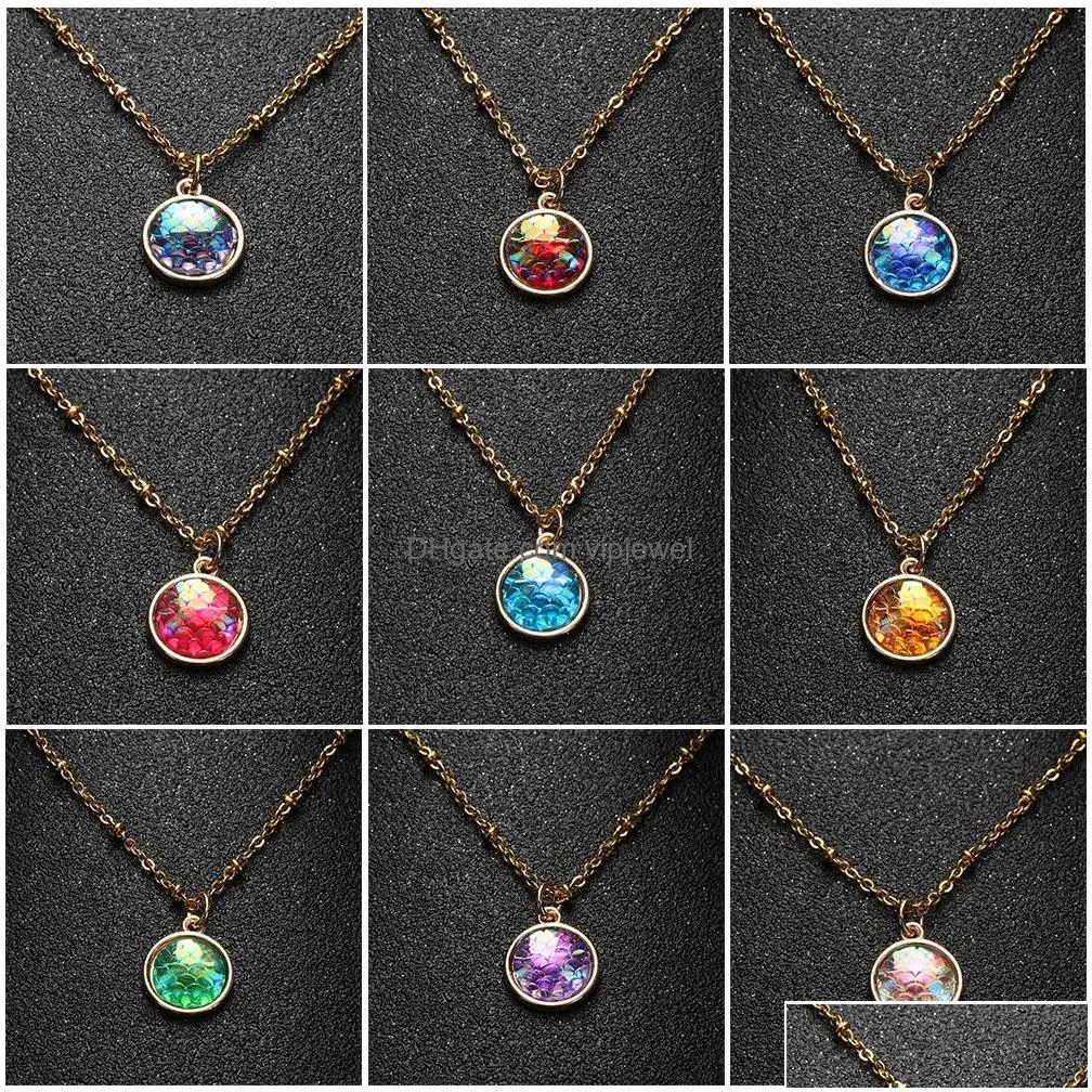 fashion drusy druzy necklace 12mm mermaid scale pendant necklaces gold plated fish scale rainbow sequins necklace for women lady