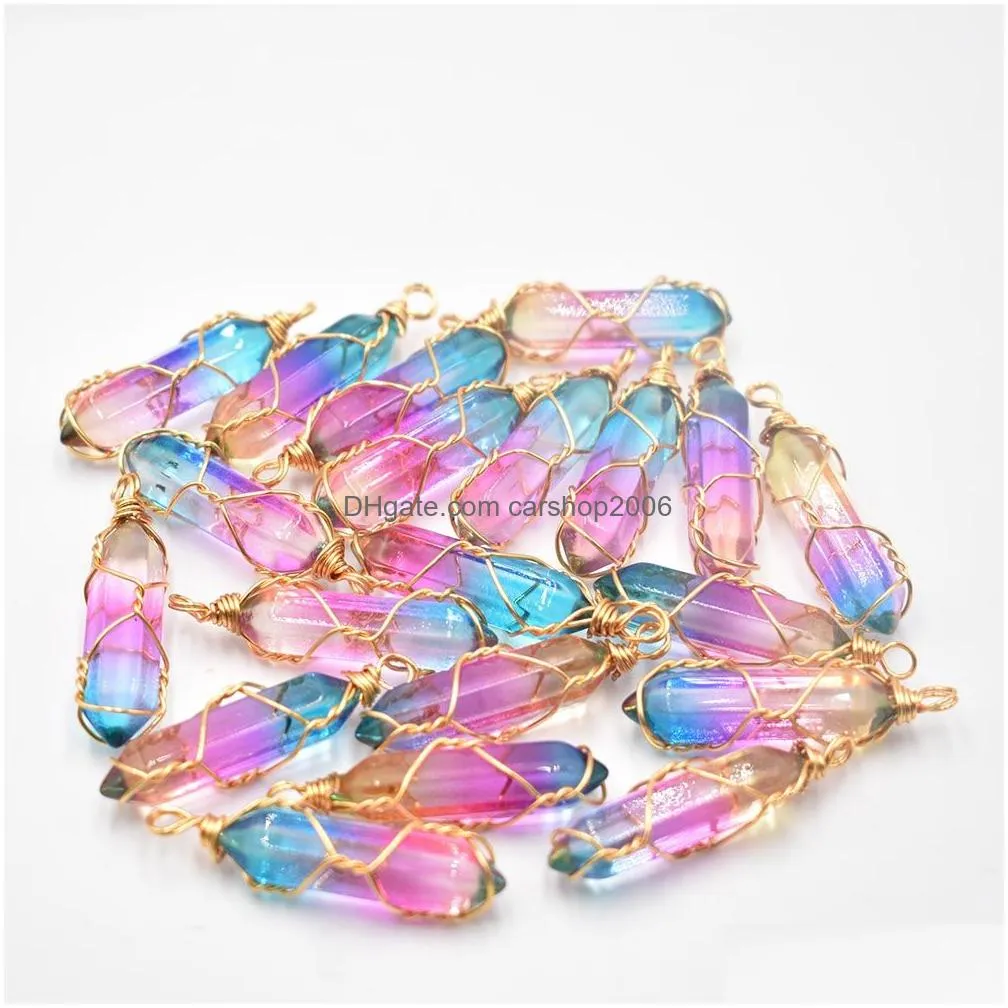 fashion crystal colorfull pillar charms handmade copper wire pendant for jewelry pendants making