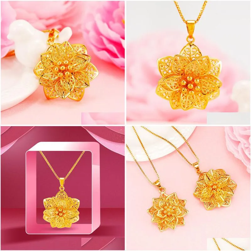 bling flower pendant necklace 24k real gold plated jewelry women christmas gift