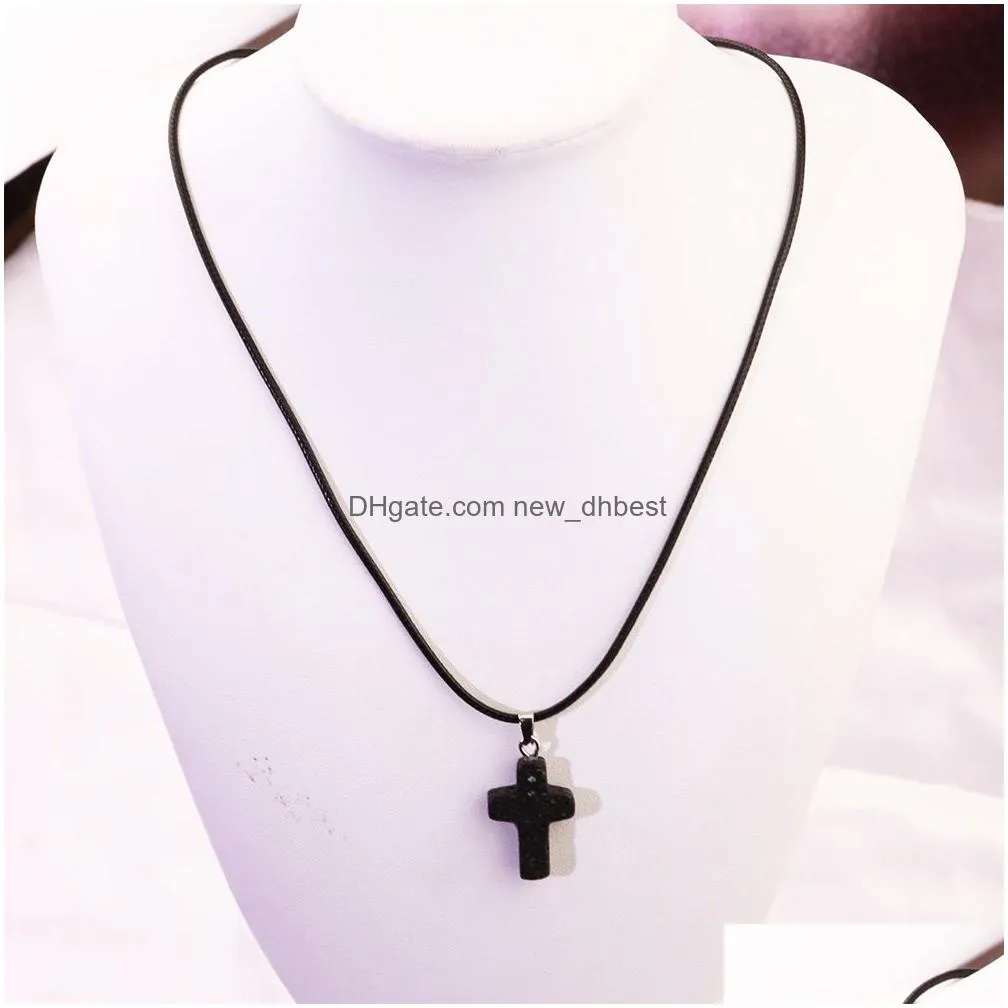 natural black lava stone cross necklace aromatherapy essential oil perfume diffuser pendant pu chain necklace women men jewelry