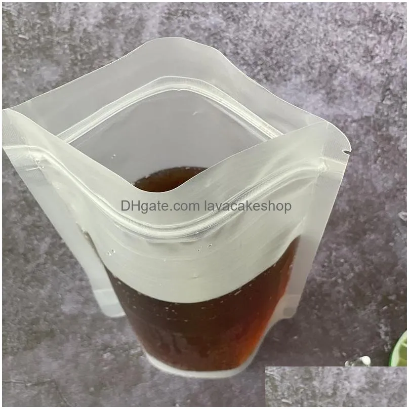 drink pouches 17oz bags frosted cleared zipper stand-up plastic drinking bag holder reclosable heat-proof with straw