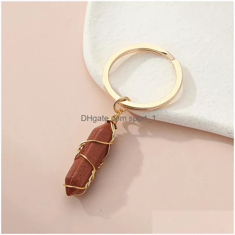 wire wrap natural stone hexagonal prism key rings healing crystal pink crystal car decor keyholder keychains for women men