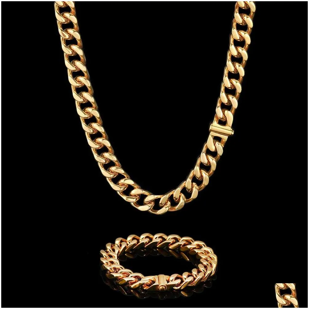hip hop cuban link chain necklace bracelet set heavy 18k real gold plated stainless steel metal necklace for men