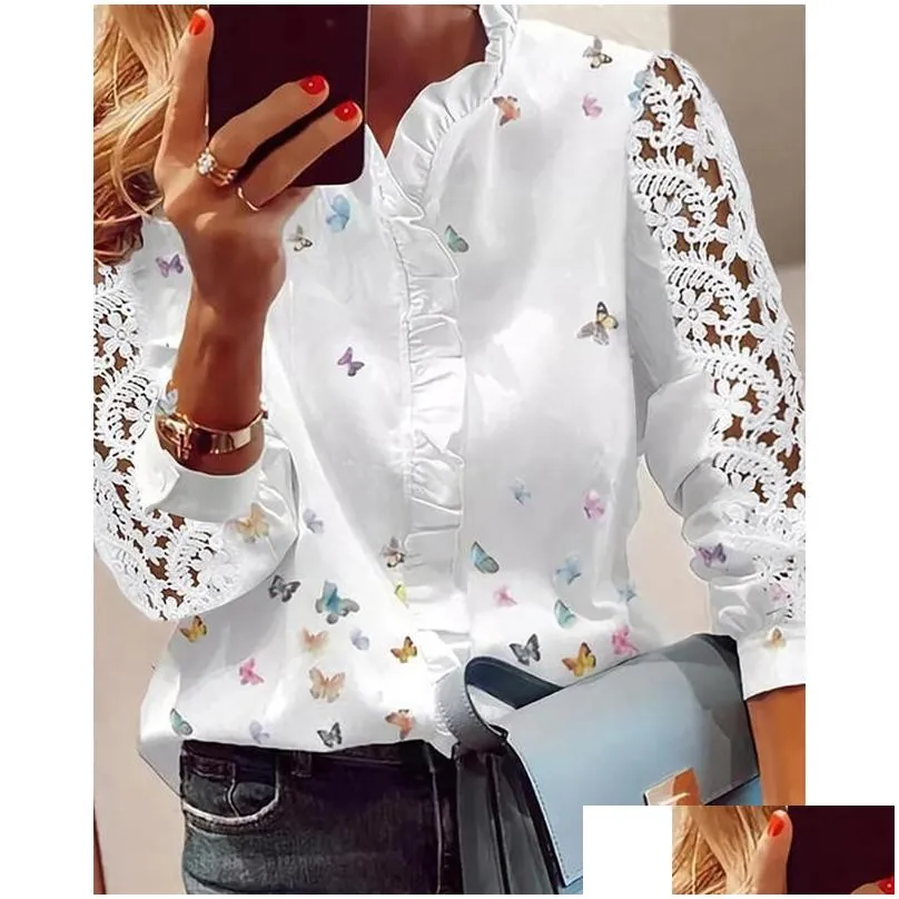 womens blouses shirts women elegant fashion butterfly print top ruffled trim casual long lace sleeve blouse