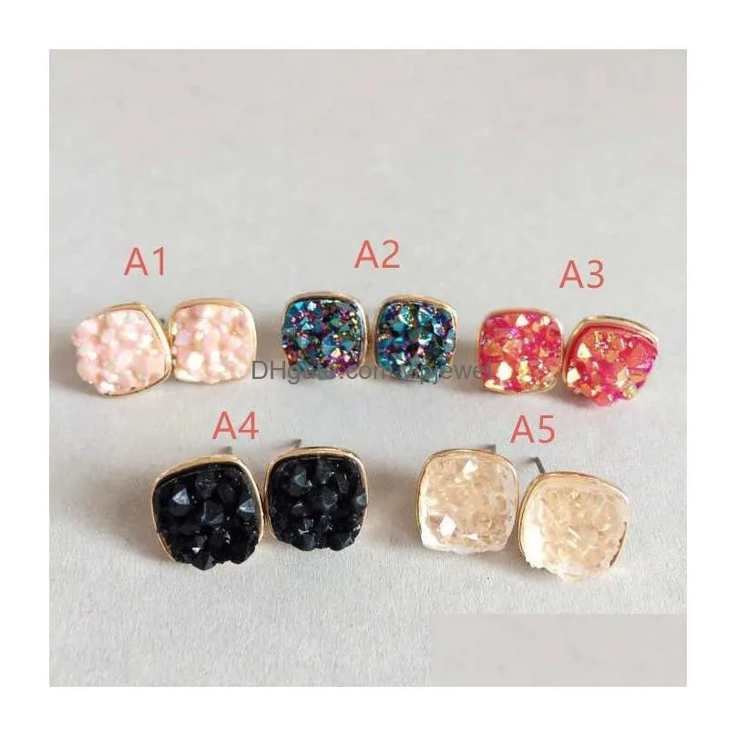 fashion drusy druzy stud earrings silver gold plated round drop square 5 colors rock crystal stone earrings for women jewelry