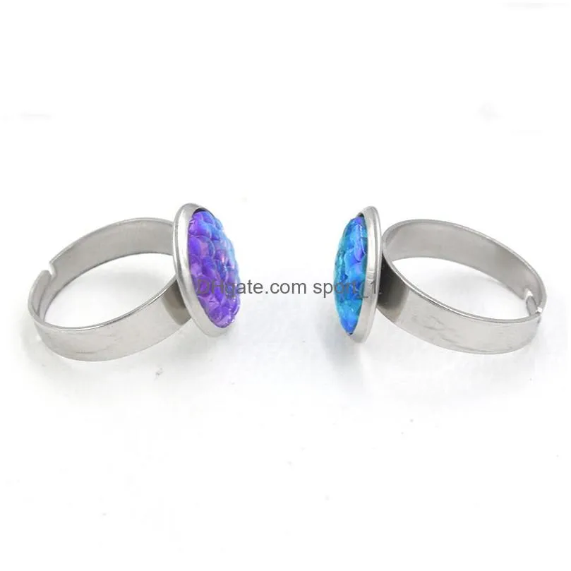 fashion resin fish scale druzy drusy ring stainless steel 12mm mermaid scale open ring for women jewelry