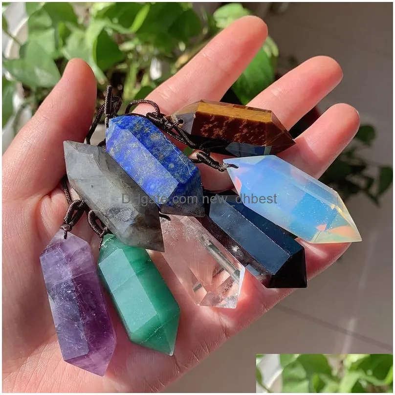 hexagonal point big bullet pendulum quartz stone crystal necklace amulet natural amethysts obsidian lapis opal pendant necklace