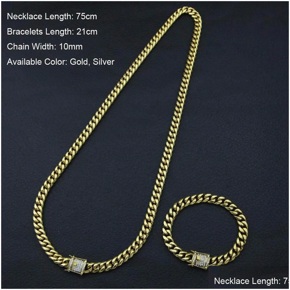 mens cuban link jewelry set - 24k gold plated stainless steel bracelet and necklace with diamond clasp 10mm/14mm curb chains