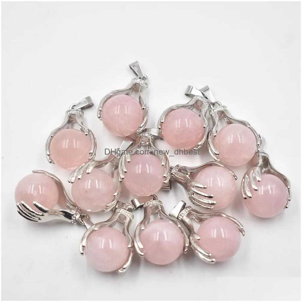 natural pink quartz crystal pendant hand hold round ball bead necklaces pendants yoga reiki chakra healing women men jewelry