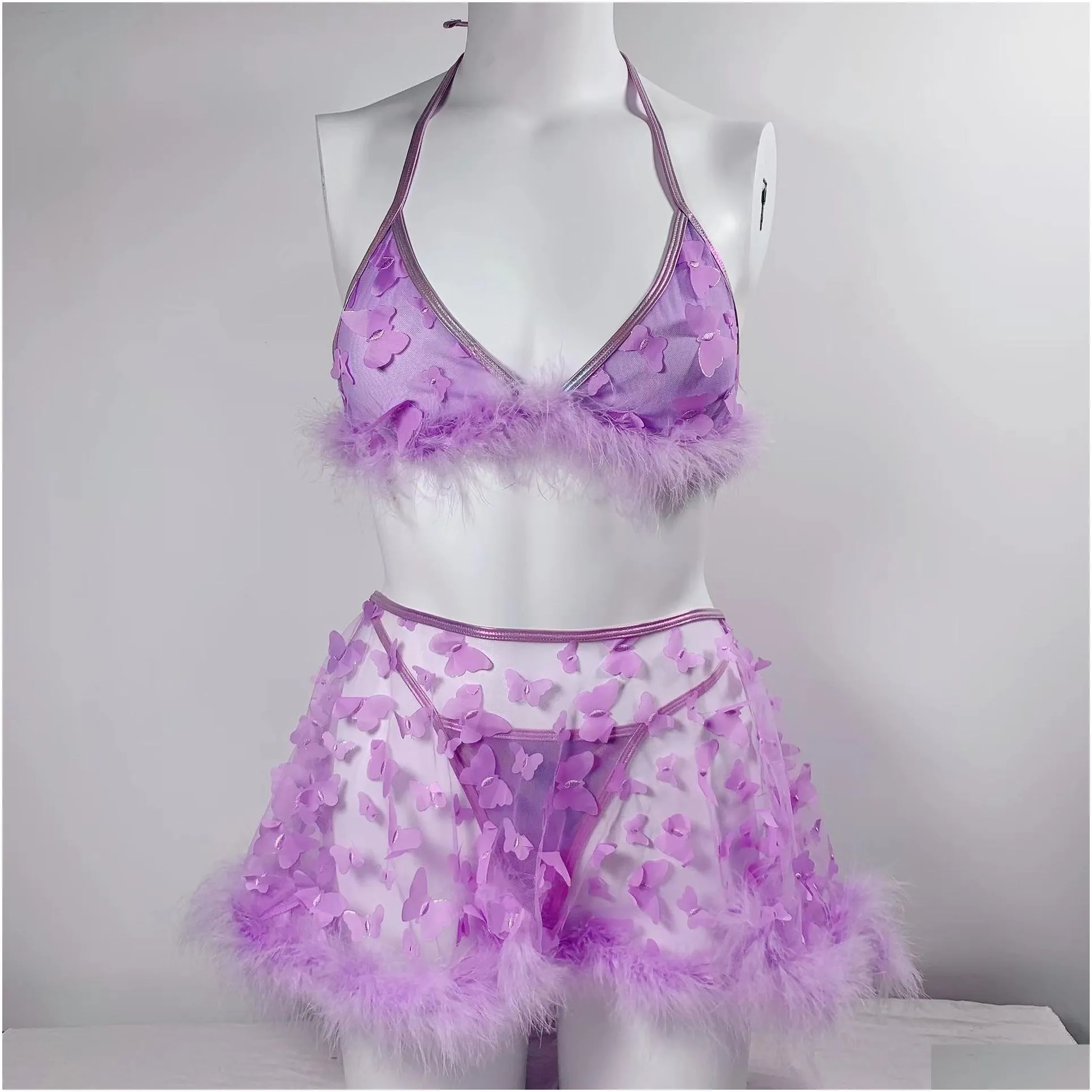 bras sets feather lingerie butterfly underwear women transparent sexy without feeling purple thongs 3-pieces fancy lace intimate