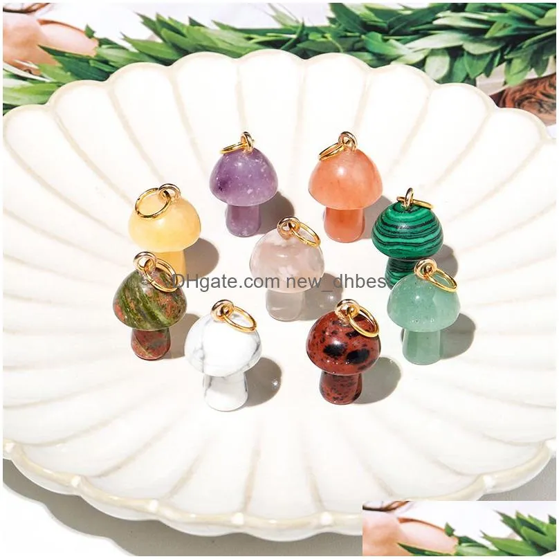 natural stone carving 2cm mushroom shape pendant charms reiki healing chakra crystal necklace for women jewelry