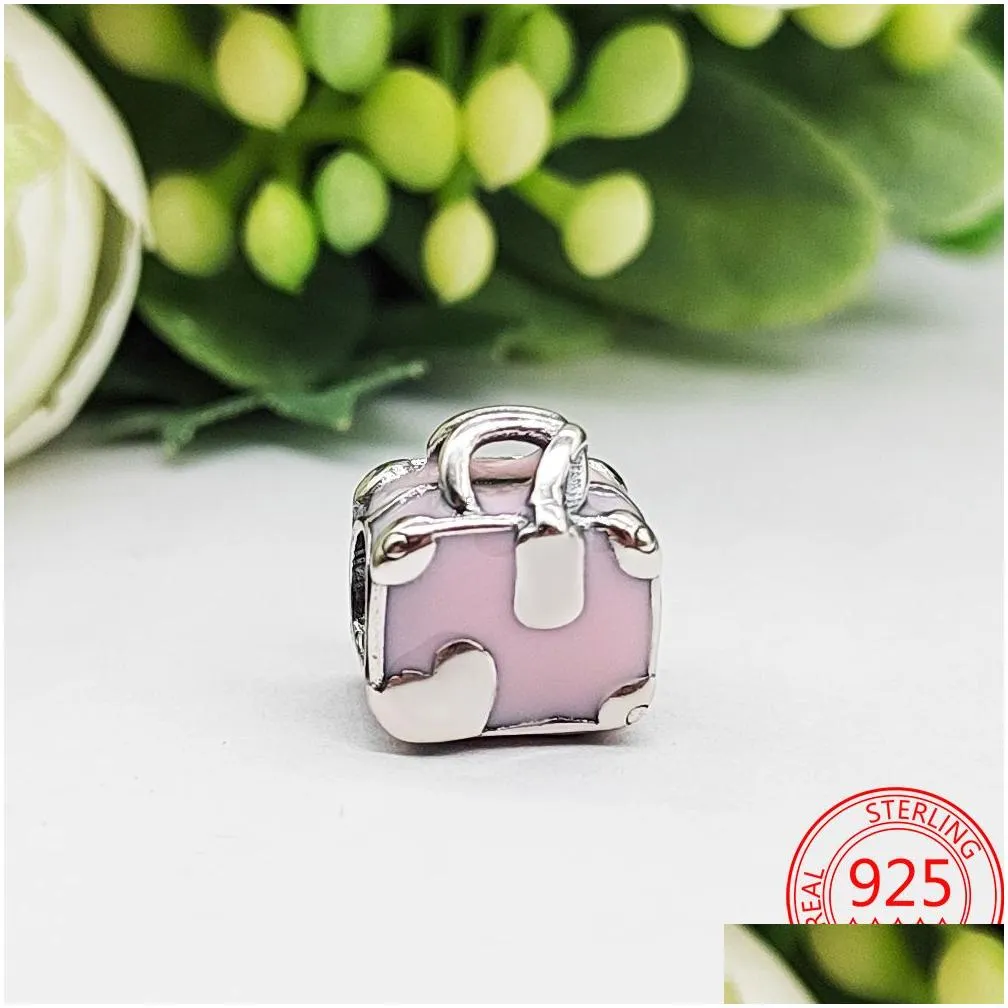 925 silver fit pandora charm 925 bracelet pink travel shopping bag charms set pendant diy fine beads jewelry