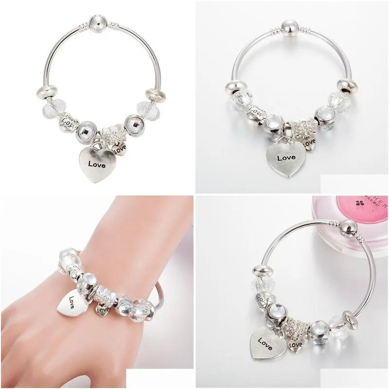 high quality strands electroplated antique silver bracelet with large hole beaded heart pendant good friend gift