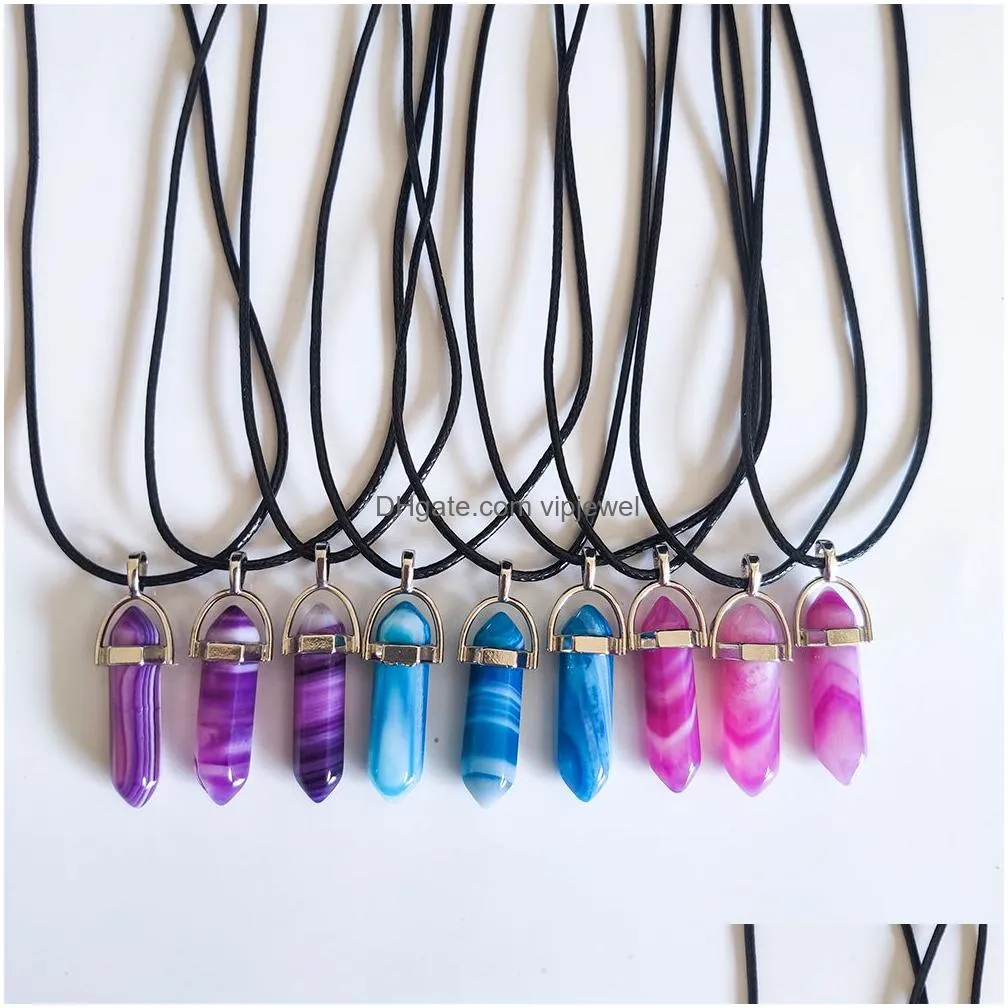 natural stone stripe agate hexagonal prism shape pendant necklaces reiki healing charms pu chain necklace for women jewelry