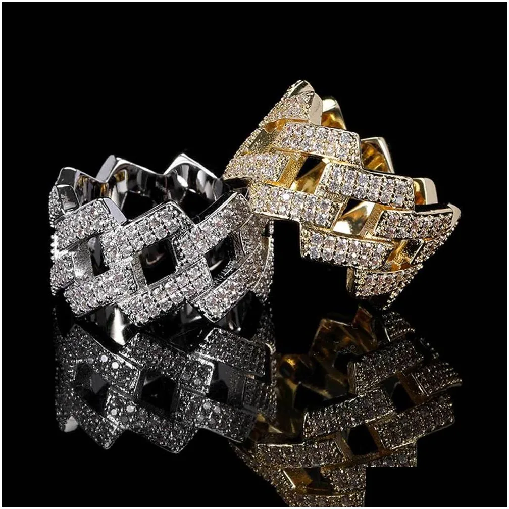 hip hop cuban rhombus cluster ring full zircon bling 18k real gold plated finger jewelry